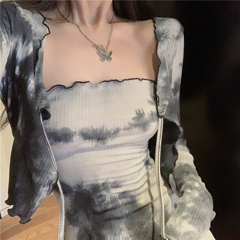 캐주얼 패션 세트 2020 nian 시즌 새로운 스타일 여성 타이-허리 포옹 슬림 맞는 튜브 탑 드레스-긴팔 태양-증거 카디건