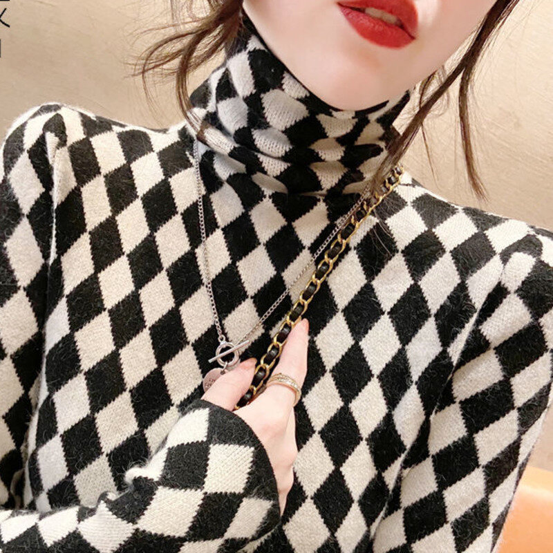 Plaid pull Houndstooth sq Turtleneck sweater Luxury Chic Shirt Pullover winter Sweater Women  Jumper Knit Top Slim Korean Style