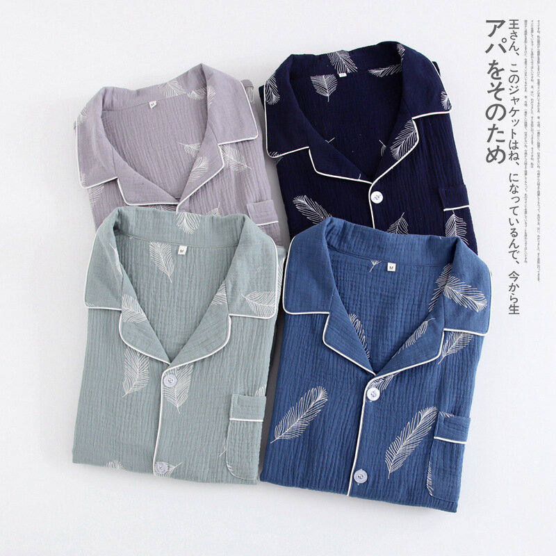 Conjunto de pijama japonés de hilo de algodón para hombre, traje de casa, cárdigan fino de manga larga, gasa, solapa, crepé, ropa de casa lavada, primavera y otoño