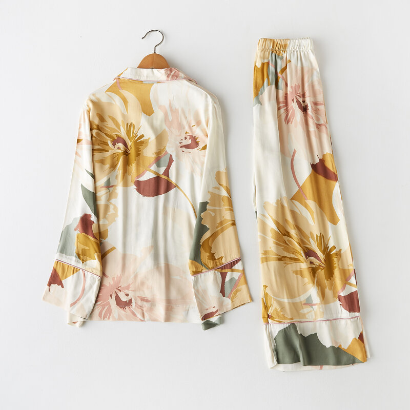 Senhoras conjunto de pijama flor estampado manga comprida 2pcs camisa + calças pijamas casuais feminino conjunto de algodão femme serviço em casa