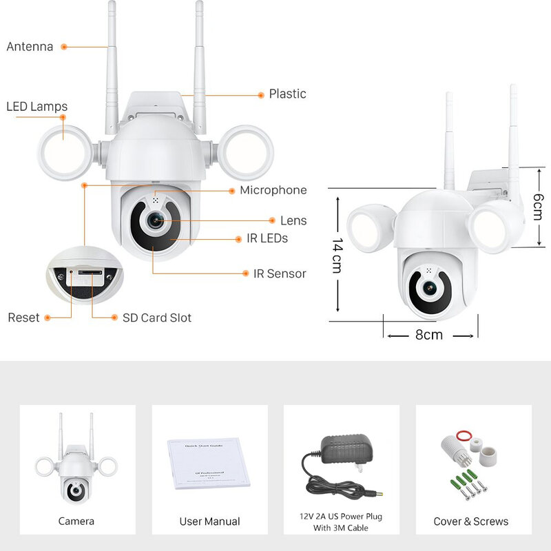 투광 조명 안뜰 조명 WIFI 카메라 3MP PTZ 야외 무선 IP CCTV IR IP66 홈 정원 보안 3M 연장 케이블