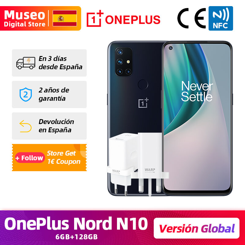 OnePlus – téléphone portable Nord N10 5G, Version globale, 6 go 128 go, Snapdargon 5G, 6.49 pouces, 90Hz FHD +, affichage Charge Warp Charge 30T NFC; 200€-20€ Code: FRAUG020