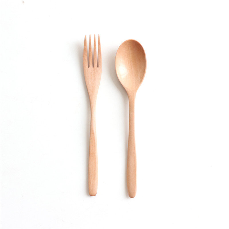 Natural Wooden Spoon & Fork Dinner Kit Rice Soups Utensil Cereal Handmade  Home Tableware Dinnerware Cutlery For Kicthen