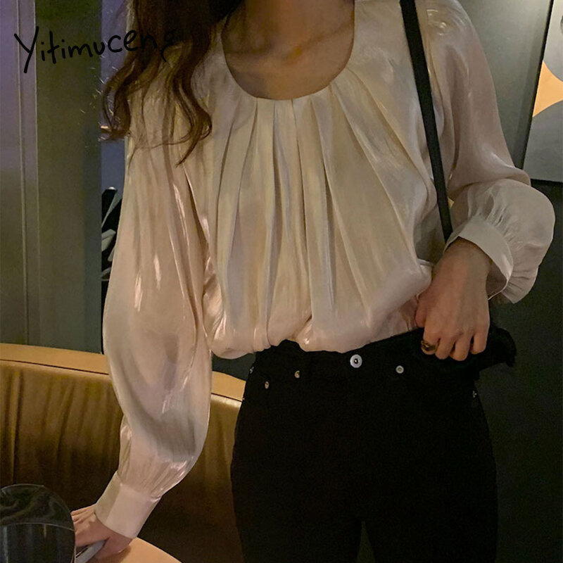 Yitimucengシャーリングブラウス女性特大トップス韓国のファッションオフィスレディ長袖アプリコットピンクシャツ2021春夏新
