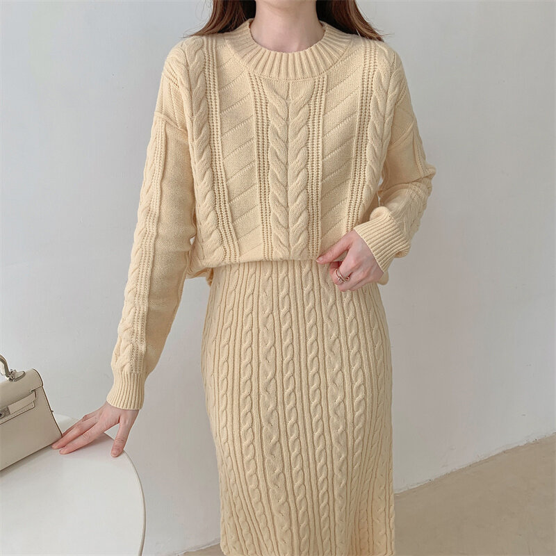 Winter Vrouwen Pak Tweedelige Set Elegante Knitwear Fall 2021 Fashion Lange Mouwen Pullove Trui + Wrap Hip Hoge-taille Rok Setup