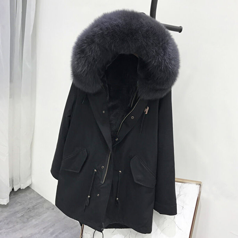 Casaco parka forro de pele de coelho, casaco masculino grande pele falsa com capuz, jaqueta de comprimento médio adequado para casaco de inverno russo