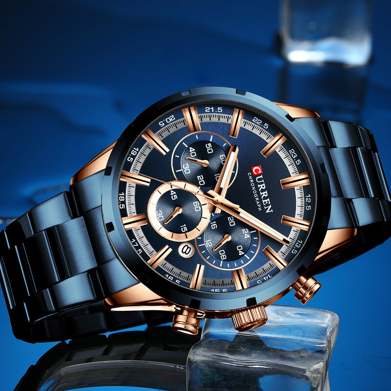 Luxus marke CURREN männer mode uhr, blau business erweiterte stil chronograph, sport wasserdicht männer quarzuhr