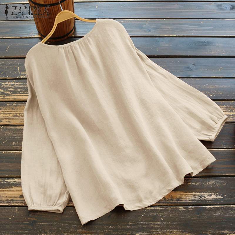 ZANZEA-Blusa de lino y algodón para mujer, camisa holgada de manga larga con estampado Vintage, Tops de gran tamaño, 2021