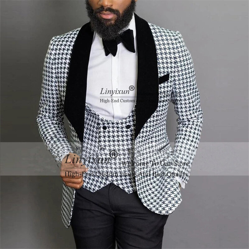 Houndstooth Plaid Men's Suits Balck Shawl Lapel 3 Pieces Jacket Pants Vest Groom Wedding Tuxedos Slim Fit Male Business Blazer