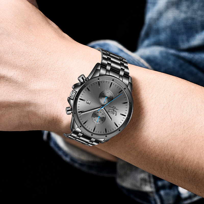 Lige relógio masculino luxuoso de aço inoxidável, relógio cronógrafo de quartzo esportivo