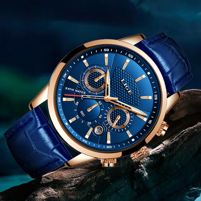 LIGE – montre à Quartz en cuir bleu pour hommes, chronographe, étanche, Sport, Date automatique, 2022