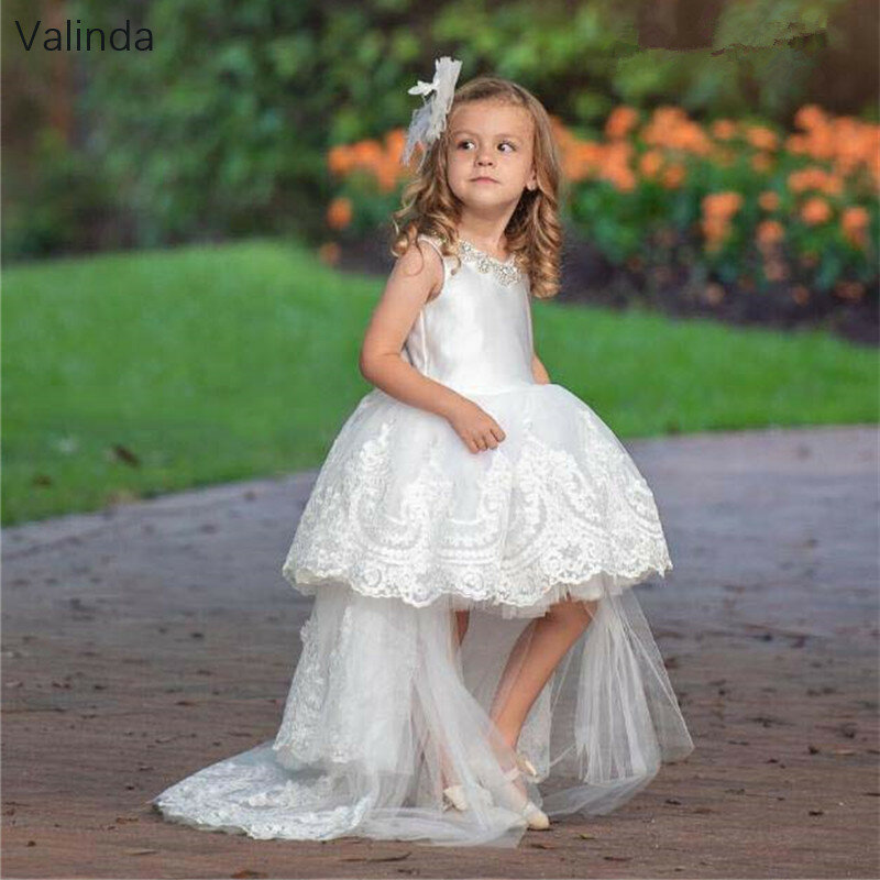 Gaun Formal Gadis Rendah Tinggi untuk Gaun Ulang Tahun Kontes Gadis Bunga Pernikahan