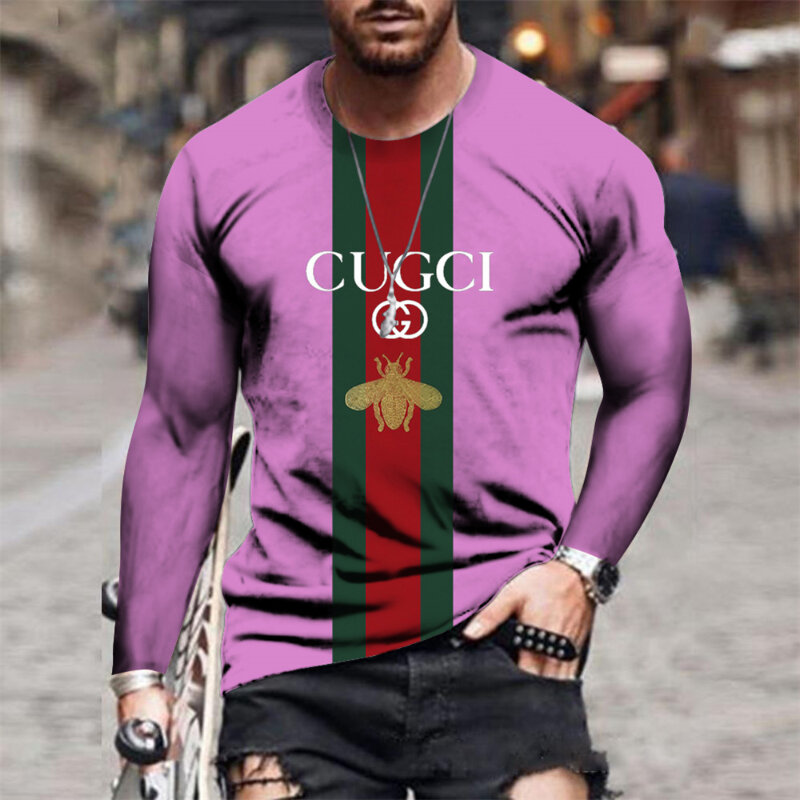 2021 spring and autumn new men's 3D Gu classic bee fashion casual round neck long sleeve stripe casual T-shirt men's long sleeve