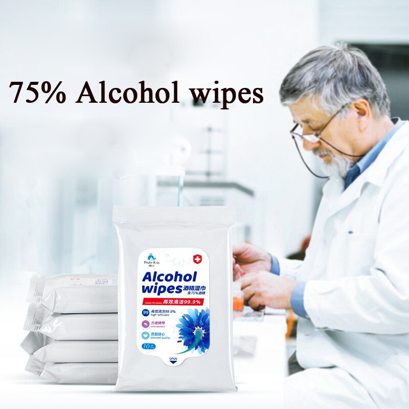 10 pçs/saco desinfetante toalhetes molhados 75% toalhetes de álcool limpeza descartável esterilização antibaterial toalhetes substituir desinfetante para as mãos