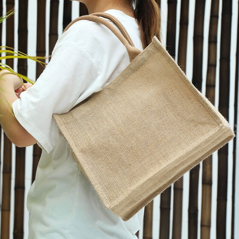 Bolso grande de arpillera de yute para mujer, bolsas de comestibles reutilizables con asas, bolsa de compras, L41B