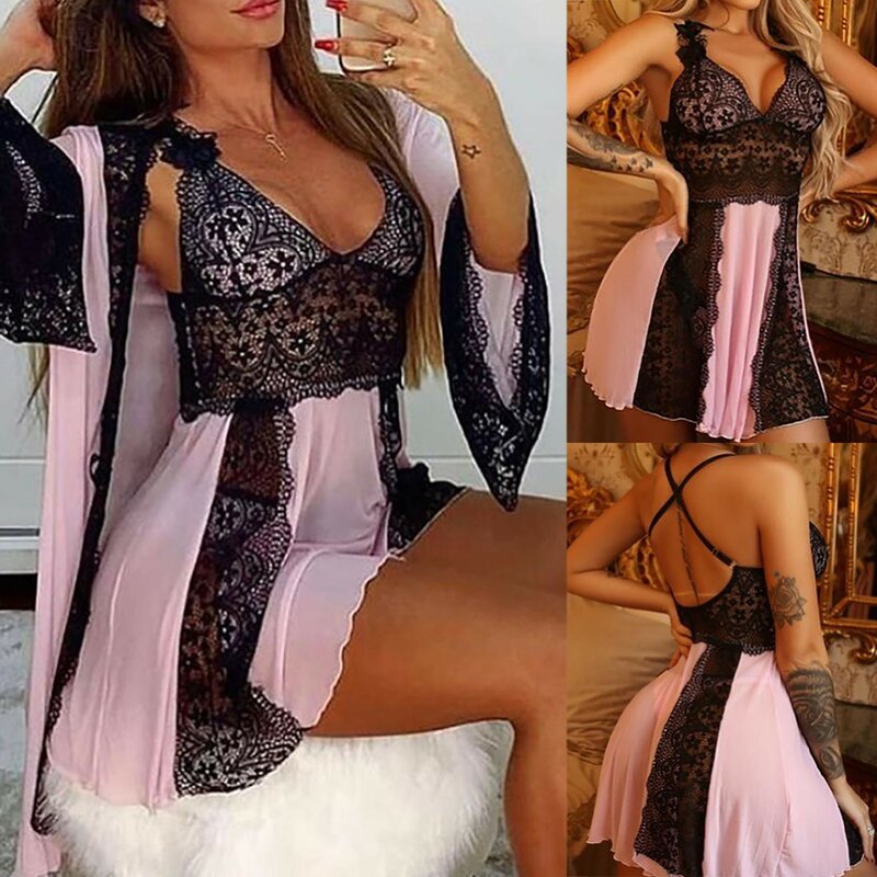 S-XXXL Two-piece Suit Embroidered Lace Hollow Out Cross Backless Babydoll Nightdress Pajamas Bath Robe женский шелковый халат T5