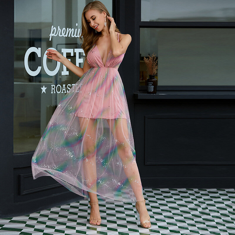 فستان طويل شفاف شبه رسمي ، ملابس صيفية غير رسمية مثيرة ، رخيصة ، ملونة ، 2020
