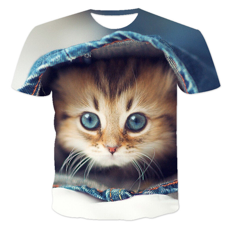 От 4 до 14 лет Детская одежда 3D принтом Kawaii Футболка с принтом «Кот» для детей модные футболки с рисунком с коротким рукавом BabyTops летнее плать...