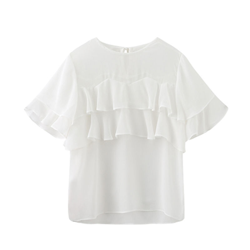 Элегантная белая шифоновая блузка с оборками в стиле ретро, топы с короткими рукавами, свободные большие юбки с чернильным рисунком, модные ...