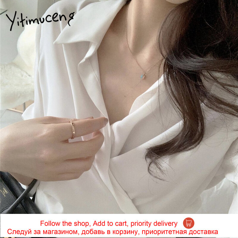 Yitimuceng غير متناظرة قميص المرأة سليم مكتب سيدة بلايز الكورية بلوزة عصرية أبيض وردي كم طويل 2021 ربيع صيف جديد