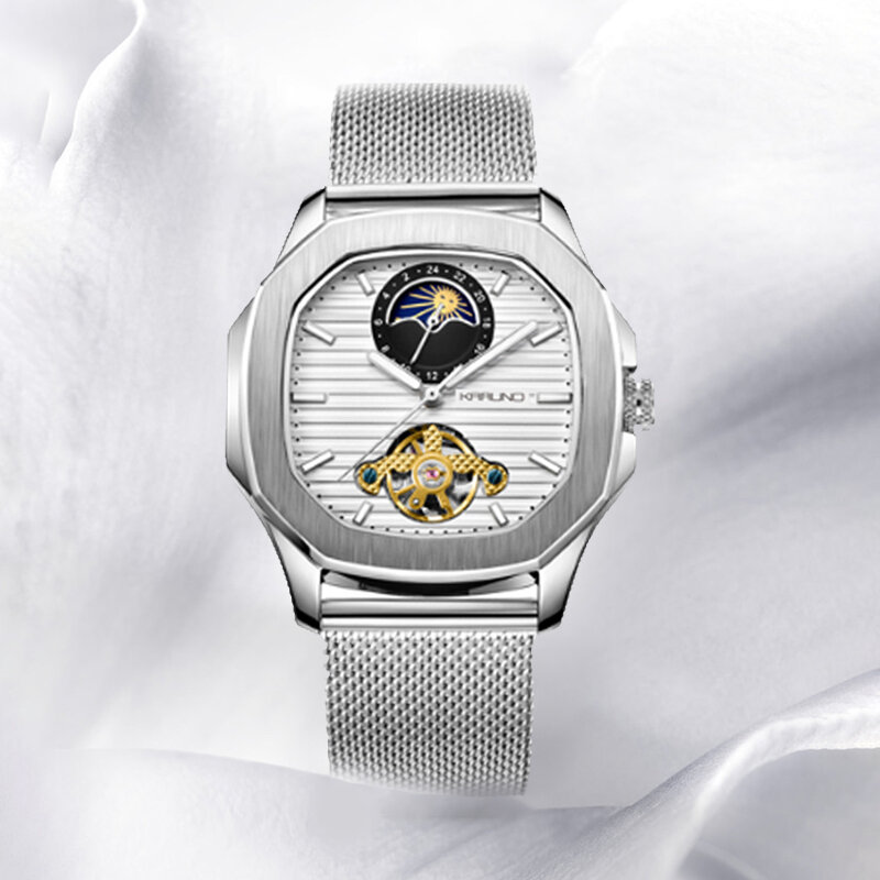Karuno-メンズ機械式時計,スクエアレザームーンフェイズ腕時計