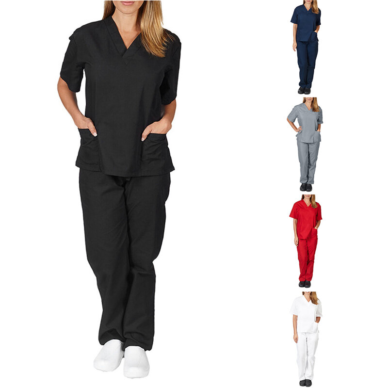 Mulheres workwear masculino manga curta com decote em v tops + calças de enfermagem trabalho uniforme terno esfrega uniforme macacão roupas