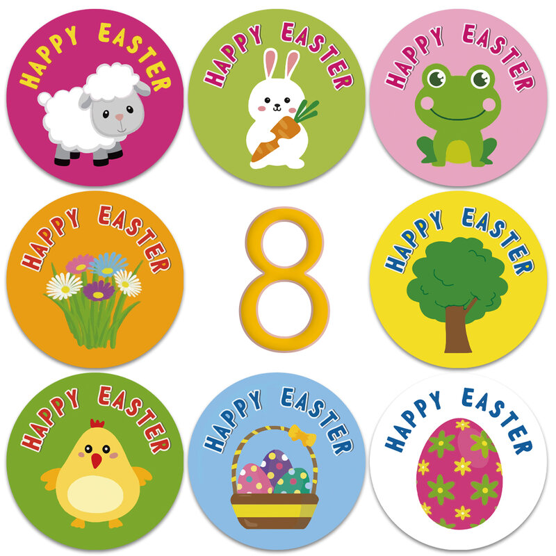 500pcs 8 designs with cute cartoon animal rabbit Happy Easter stickers seal label holiday party decoration gift box packaging