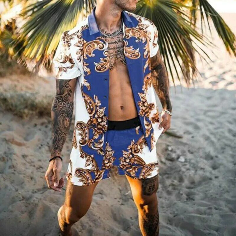 Mannen Hawaiian Afdrukken 2021 Zomer Korte Mouw Knop Overhemd Strand Shorts Streetwear Heren Casual Beach Wear Kleding