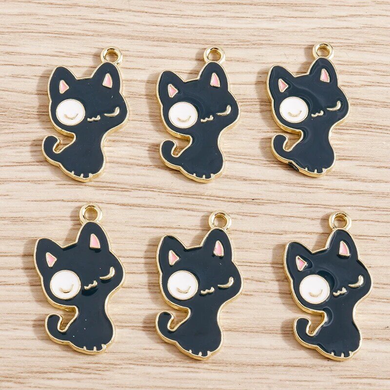 Breloques chat noir mignon, pour la fabrication de bijoux, en émail, pour colliers, boucles d'oreilles, Bracelets, pendentifs, artisanat, bricolage, 15x25mm, 10 pièces