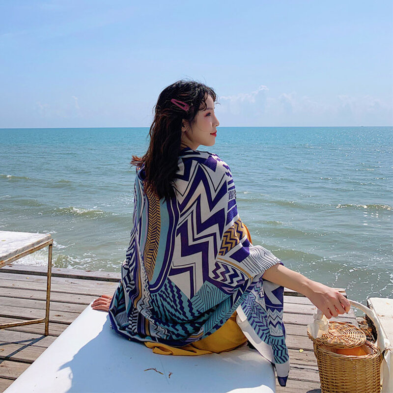 Cachecol imitação de seda feminino, echarpe xadrez de praia primavera verão outono tamanho praia