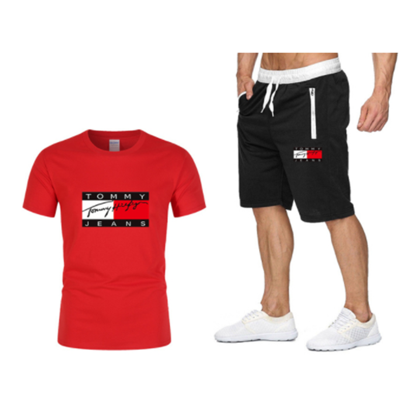 Мужской комплект спортивной одежды из двух предметов, хлопковая футболка с коротким рукавом и брюки, повседневная спортивная одежда для бе...