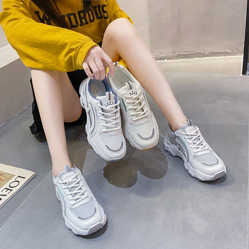 Casual Vrouwen Schoenen Mesh Platform Ademende Running Sport Sneakers 2021 Herfst Comfortabele Lace Up Schoen Zapatos De Mujer Beige