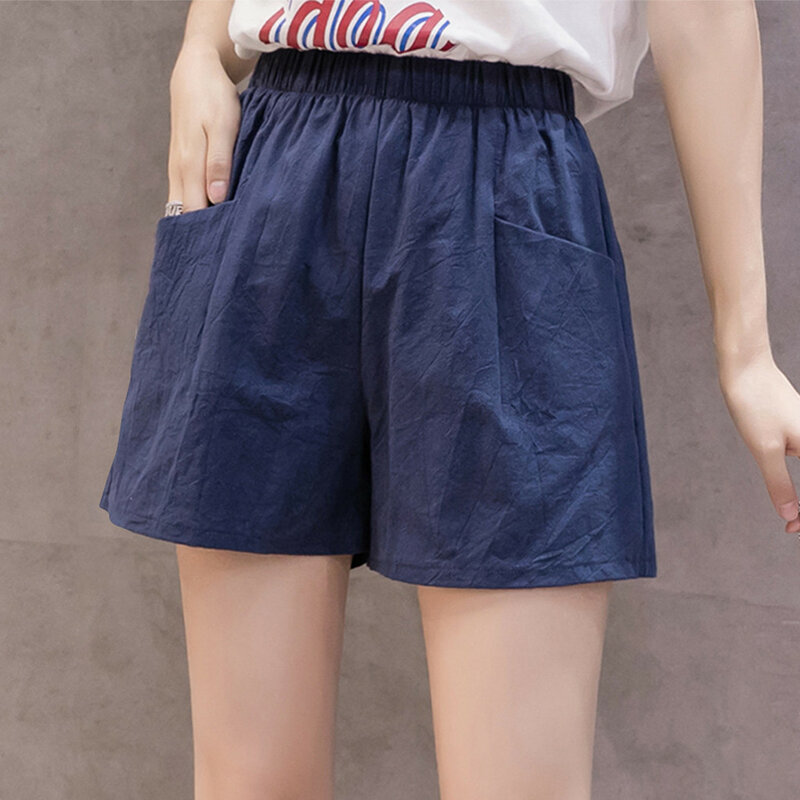 2021 Fashion Solid Linen Shorts Women's Spring Summer Elastic High Waist Loose Casual Pockets Wide Leg Linen Shorts S-xxl