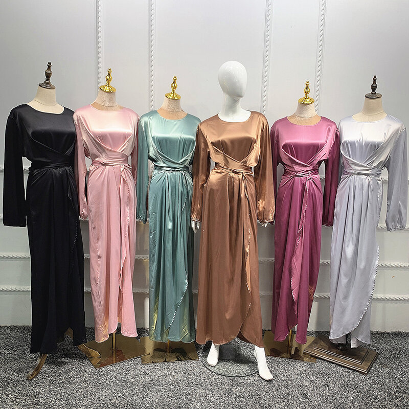 Abaya Wrap Vorne Kleid Langarm Satinlike Einfarbig Schlitzte zu die taille Lange Kleid Frauen Dubai Türkei Mode Elegante tragen