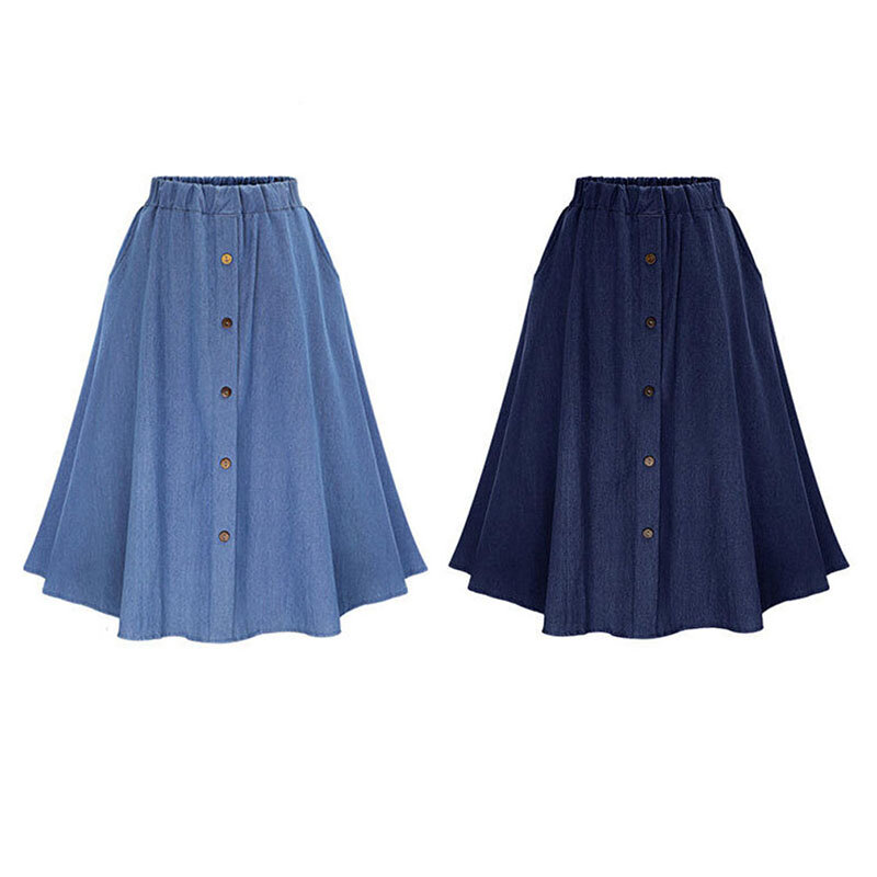 Moda coreano estilo preppy denim saias mulheres cor sólida saia longa natureza cintura feminina grande hem casual botão saia jean
