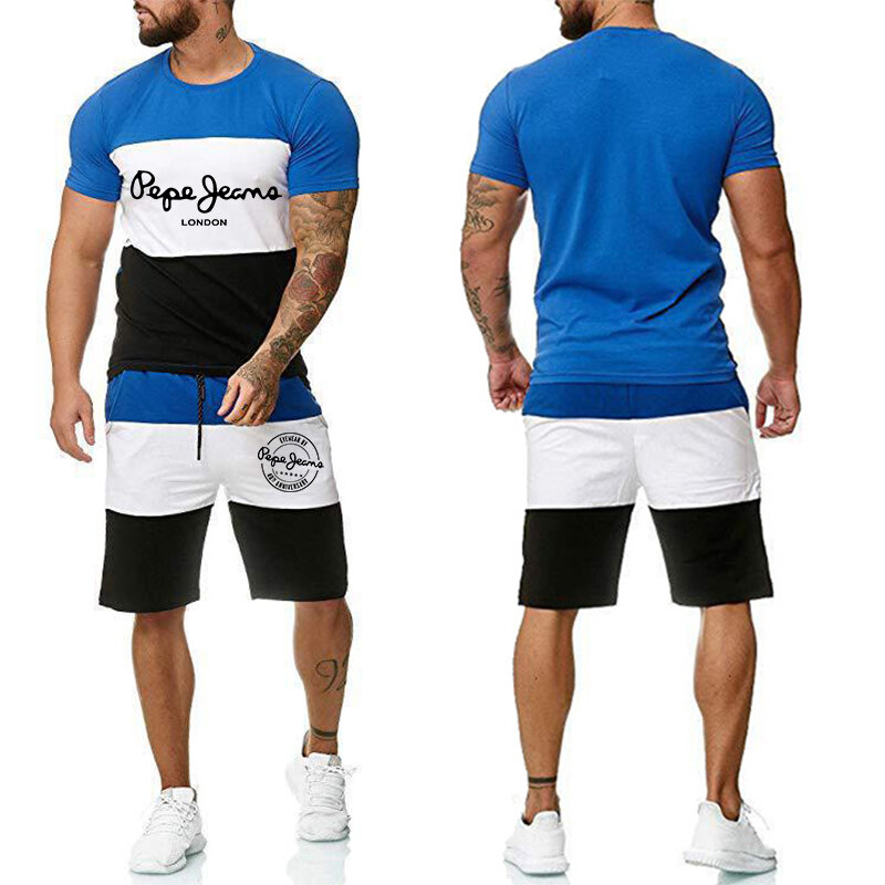 Męski zestaw z krótkim rękawem Pepe Print T-shirt i szorty garnitury letnie w stylu Casual, w paski Streetwear męskie odzież sportowa do kulturystyki