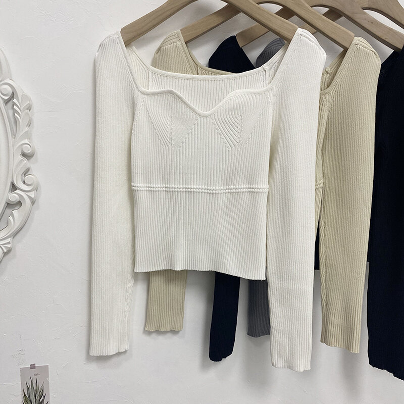 Blusas de malha outono inverno 2021 moda gola quadrada grosso camisola feminina outwear coreano preto cinza branco bege