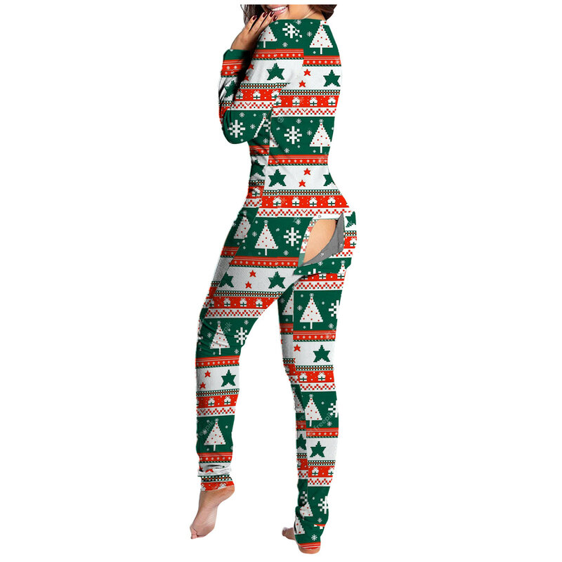 Sexy Pyjama frauen Overall Anzug Button-down Vor Zurück Butt Bum öffnen Ass Klappe Overall Loungewear Weihnachts Drucken zugeknöpft L * 5