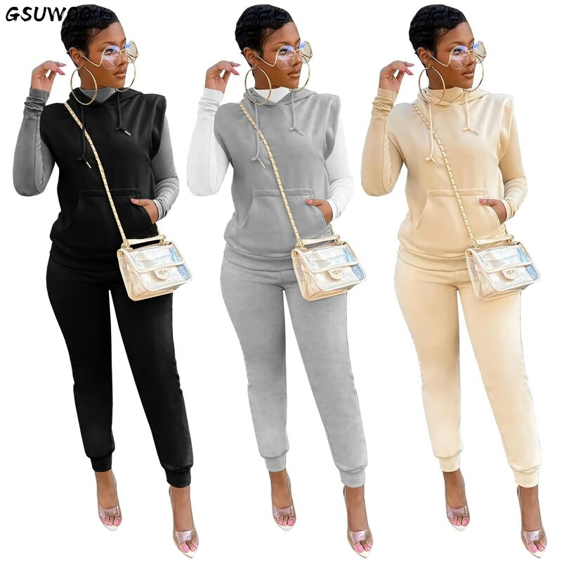 GSUWOO Women Joggers Tracksuit Sport 2 Piece Set Casual Solid Sleeveless Vest Fly Hoodies Legging Sweatpants Suit Outfit Fitness