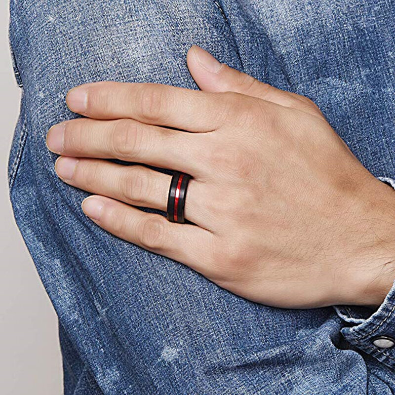 Anéis de aço inoxidável FDLK para homens, anel de borda chanfrada, anel de fibra de carbono, banda de casamento masculina, jóias arco-íris vermelho azul, 8mm