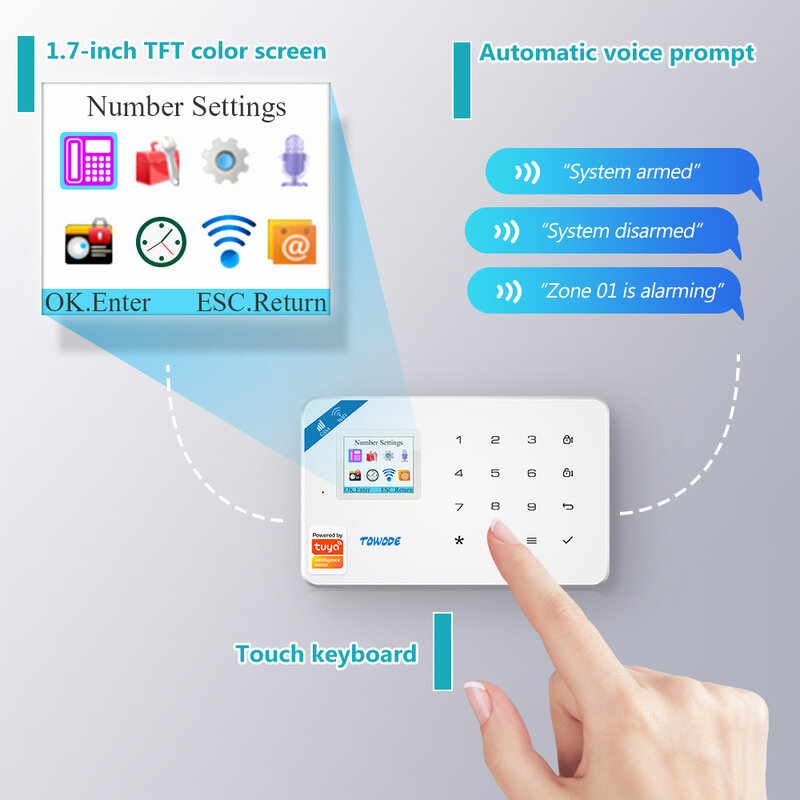 TOWODE – Kit système d'alarme de sécurité domestique, wi-fi, GSM, Tuya, capteur de mouvement anti-cambriolage, 6 langues, fonctionne avec Alexa et Google Assistant