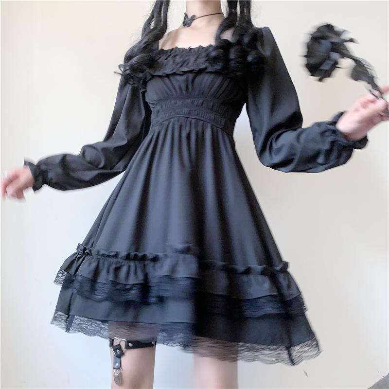 드레스 일본 로리타 스타일 여성 공주 블랙 미니 드레스 슬래시 목 높은 허리 고딕 드레스 레이스 퍼프 슬리브 스커트 새로운 2021
