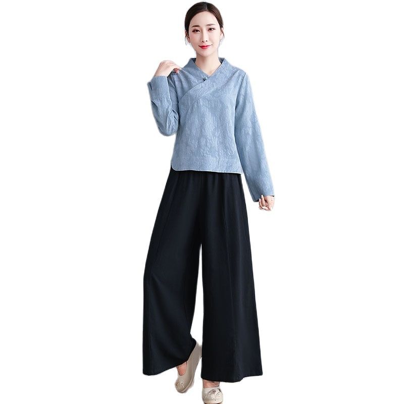 Phong Cách Trung Hoa Nữ Hanfu Cotton Và Vải Lanh 2 Bộ Đồ Trung Quốc Đường Phù Hợp Với Tập Yoga Phù Hợp Với