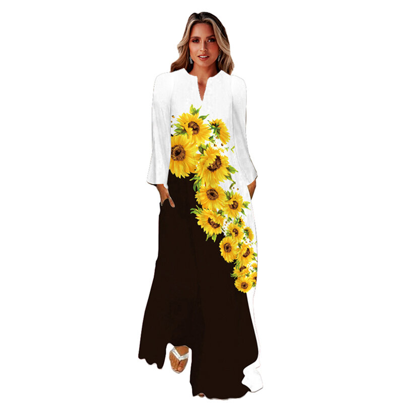 MOVOKAKA Frühling Herbst Schwarz Kleid Elegante Casual Langarm Schmetterling 3D Print Kleider Frau Lose Atmungs Lange Kleid Frauen