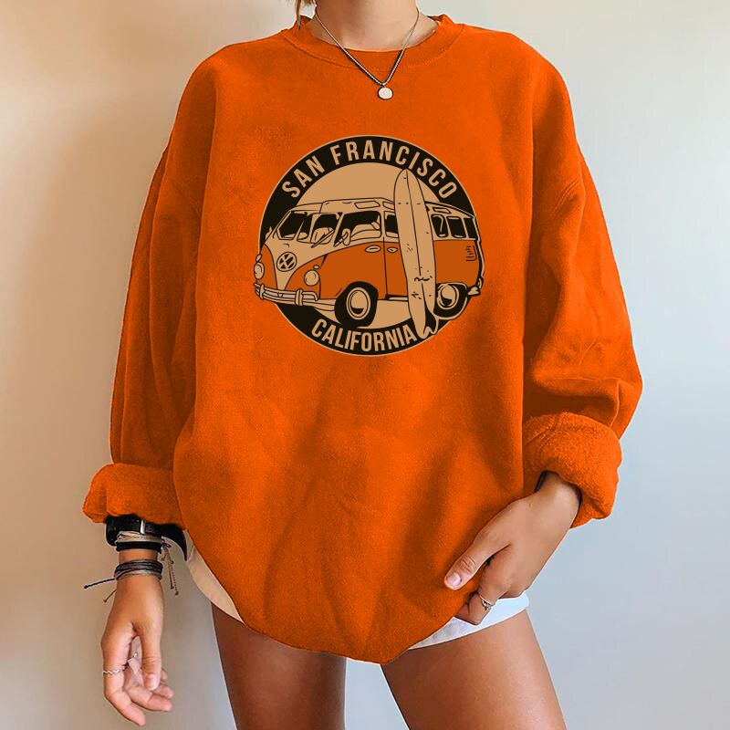 San francisco califórnia impressão sweatshirts femininas vintage autocarros de grandes dimensões crewneck topos mulher pulôveres de ombro