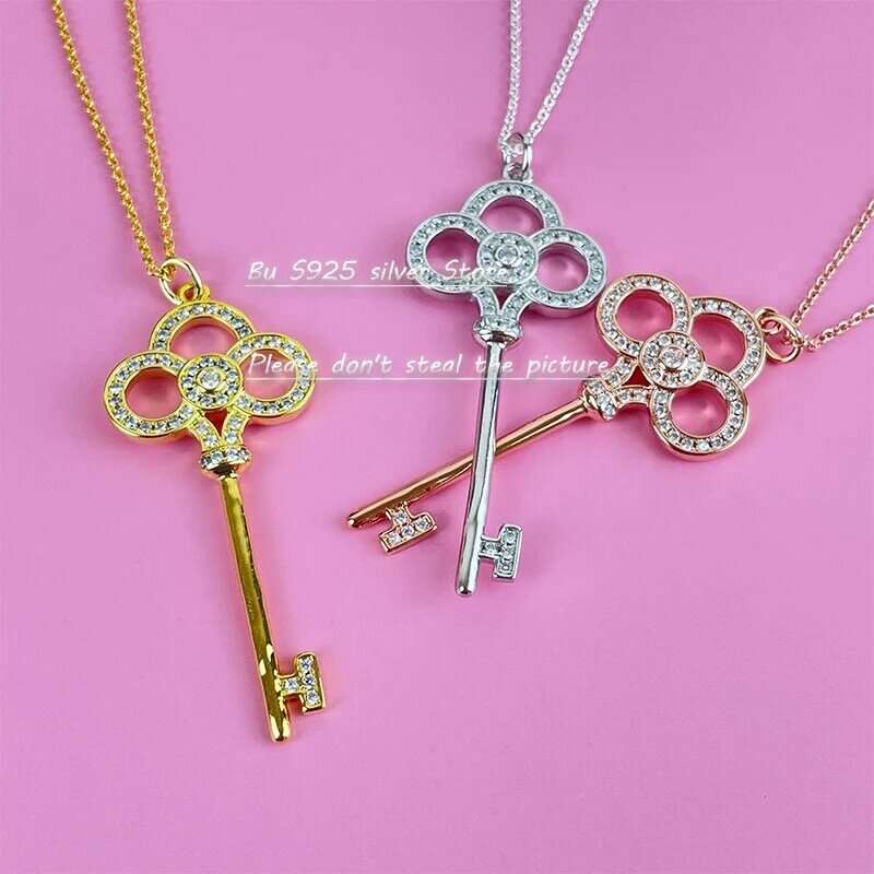 New S925 silver rose gold diamond crown Pendant Necklace women's sweater chain chain bone chain fashion jewelry