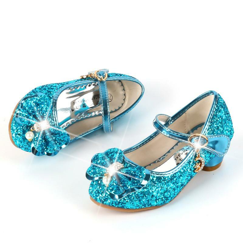 2020 Princess Kids Leather Shoes For Girls Flower Casual Glitter Children High Heel Girls Shoes Butterfly Knot Blue Pink Silver