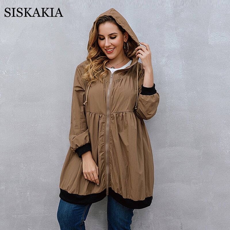 Siskakia – manteau coupe-vent pour femmes, automne-hiver 2020, capuche, fermeture éclair, Long, 5XL 4XL, couleur unie, vert café