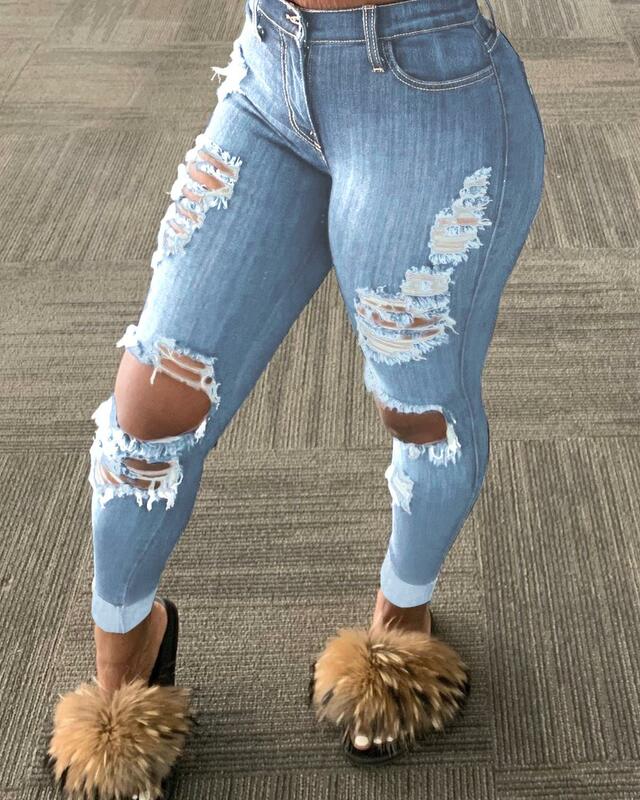 Calça jeans vintage de cintura alta com buraco borla, calça jeans azul plus size para mulheres