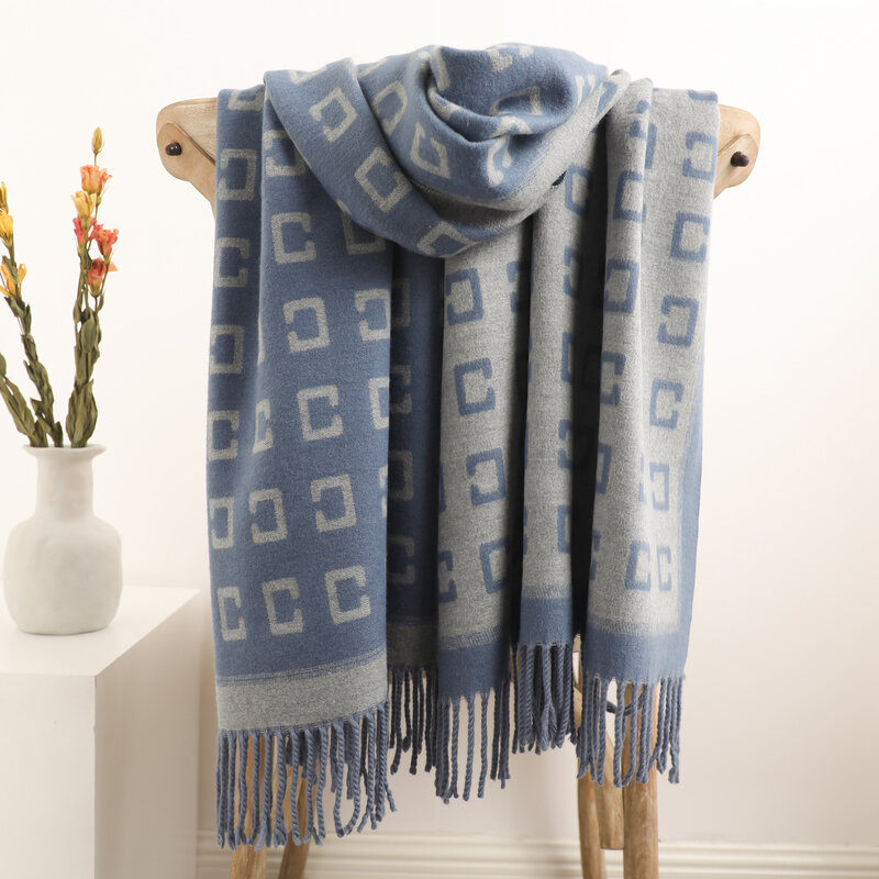 Женский кашемировый шарф с геометрическим принтом, длинный теплый кашемировый шарф-шаль с кисточками, Осень-зима 2021